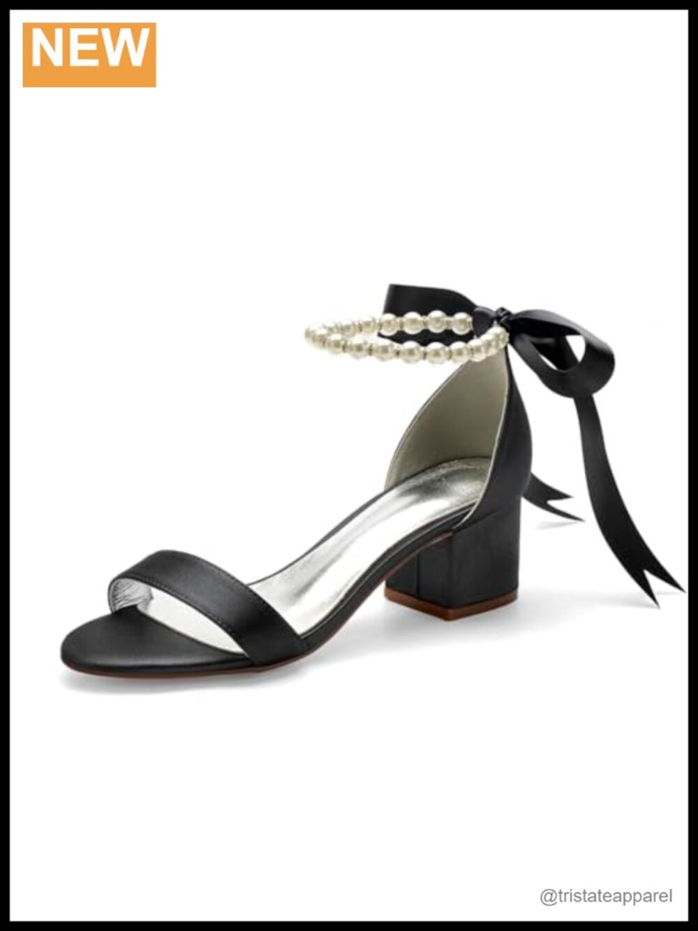 Satin Peep Toe Low Block Heel Sandal with Pearl Ankle Strap for Wedding